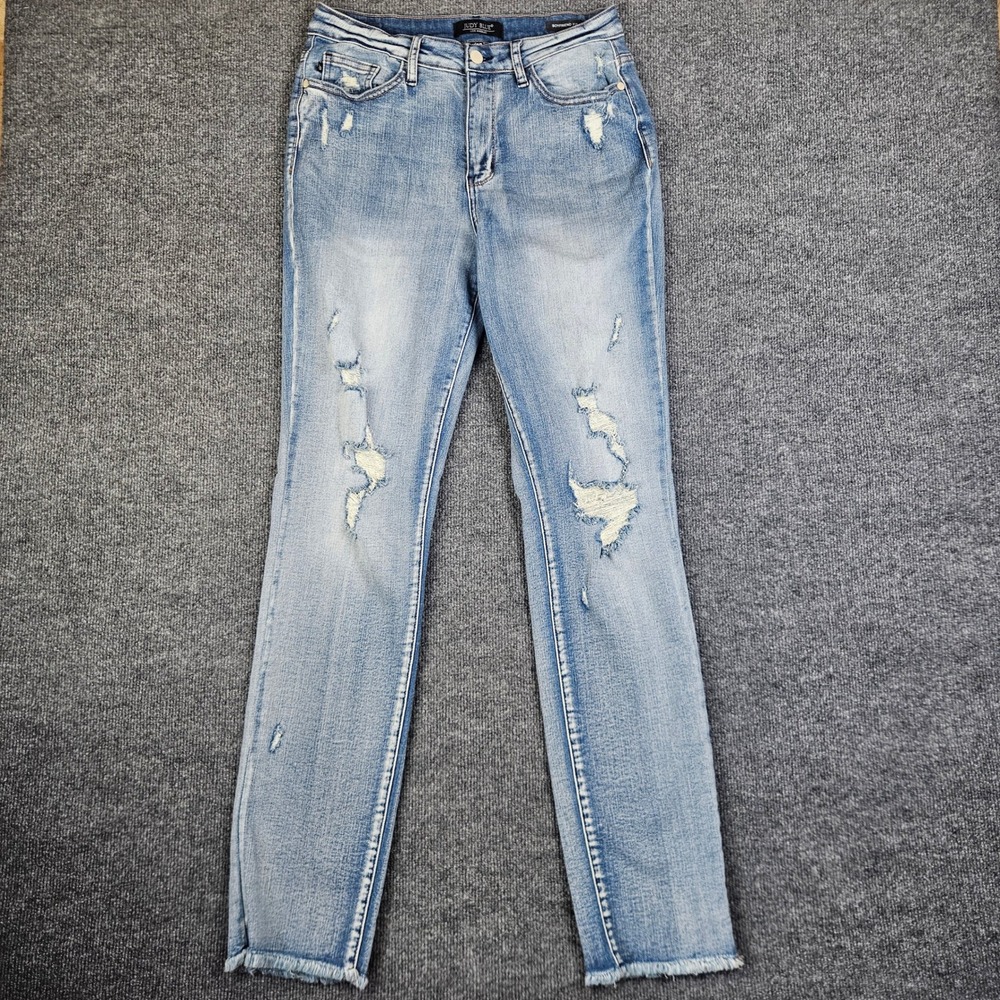 Judy Blue Boyfriend Fit Jeans Womens 11/ 30 High Rise Distressed Frayed Hem Blue